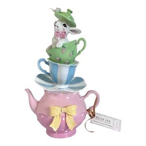 Easter Bunny Teapot Figurine Pastel Stacked Teapot & Teacups Coquette Decor NWT